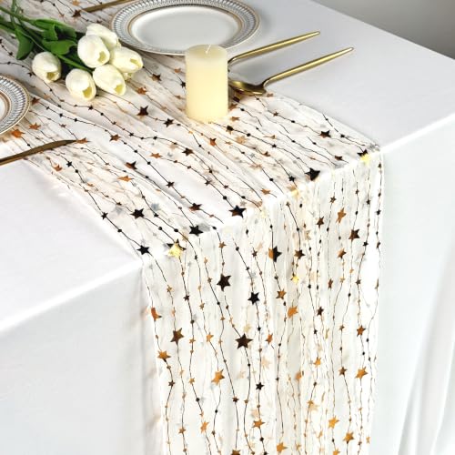 MSLSOZ Camino de mesa de gasa dorada de 70 x 300 cm / 27.5 x 118 in | Camino de mesa de estopilla transparente de aluminio metálico, decoración de mesa de comedor para cumpleaños, Navidad