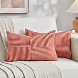 Fancy Homi 2 Packs Coral Lumbar Decorative Throw Pillow Covers 12x20 Inch for Living Room Couch, Rustic Farmhouse Boho Home Decor, Soft Striped Corduroy Rectangle Accent Peach Cushion Case 30x50 cm