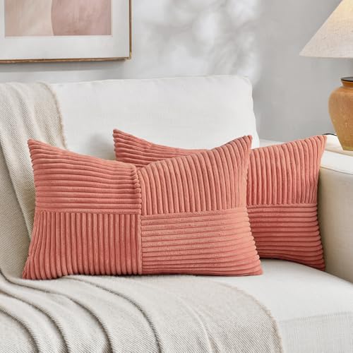 Image of Fancy Homi 2 Packs Coral Lumbar Decorative Throw Pillow Covers 20x28 Inch for Living Room Couch, Rustic Farmhouse Boho Home Decor, Soft Striped Corduroy Rectangle Accent Peach Cushion Case 50x70 cm