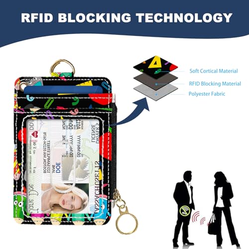 Image of Slim Wallet Credit Card Holder, Colorful Stationery, RFID Wallet Women Cute Small Front Pocket Wallet With Zipper, PU Leather Thin travel RFID Blocking Card Case ID Window,Ladies Gifts
