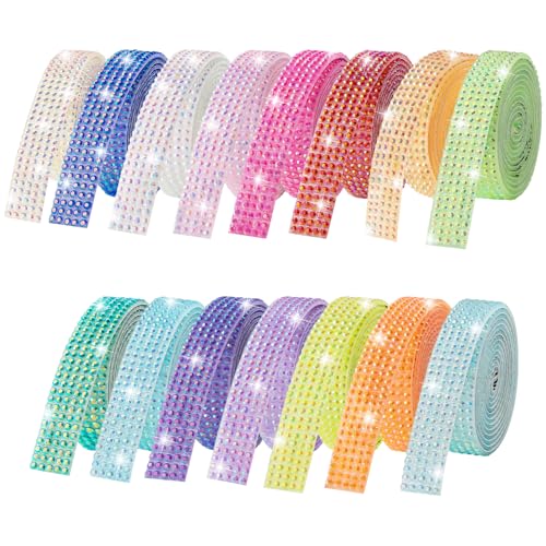 LYXMYGS 15-Yard Bedazzling Strips, 5-Rows 16-Roll Rhinestone Ribbon Self Adhesive, 15 Colors Bedazzling Kit, Rhinestones for Crafting, Rhinestone Strips for DIY Craft, 0.45inch Width,3