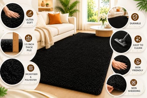 Image of Shaggy Carpet 5x8 Ft for Living Room & Bedroom (Black)
