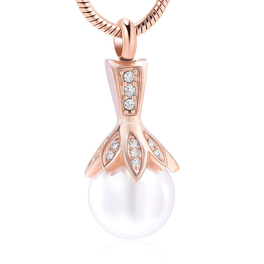 memorial jewelry Pearl Urn Cremation Necklace Jewelry Ashes Holder for Women (Rose gold)
