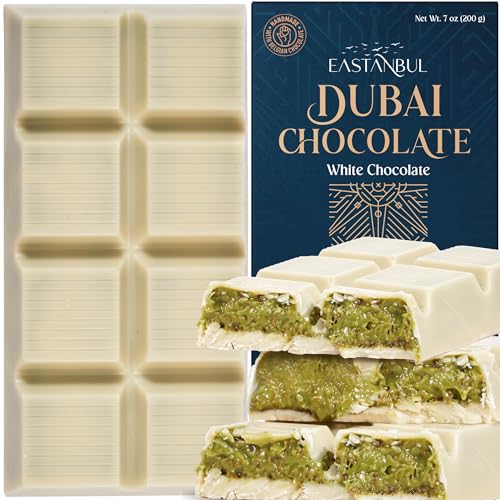 Eastanbul Dubai Chocolate Bar Pistachio, 7oz, Premium Belgium Chocolate, Pistachio Dubai White Bar, Viral Candy with Shredded Phyllo Dough, Knafeh, Gift Box