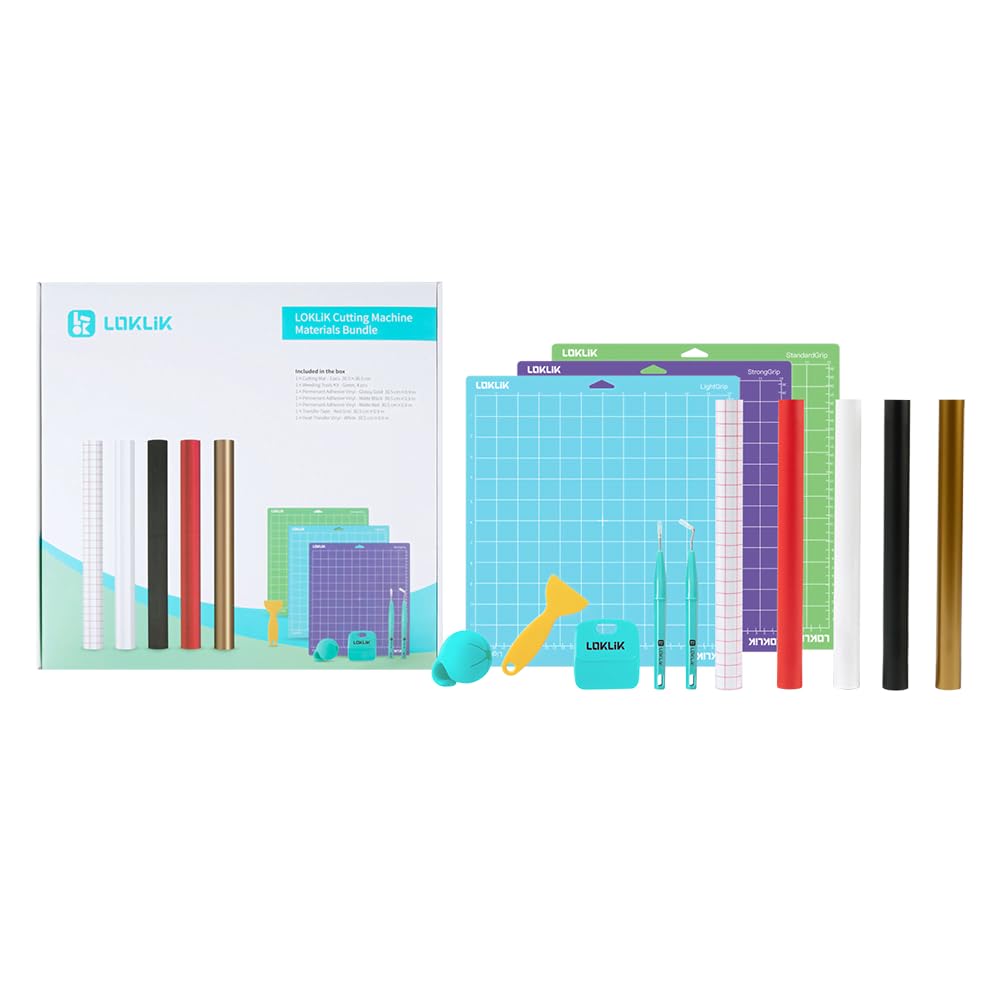 LOKLiK Starter Pack for Crafter & iCraft – Ensemble de vinyles avec vinyle adhésif permanent, vinyle de transfert thermique outils de désherbage et tapis de découpe pour projets DIY et personnalisés
