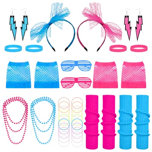 FRIUSATE Lot de 42 accessoires de déguisement des années 80 avec jambières, bandeau, collier, bracelet, gants en résille, accessoires fluo pour femmes et enfants fêtes rétro, Bleu et Rose Vif