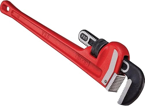 31030 Heavy-Duty Straight Pipe Wrench, 24" Sturdy Plumbing Wrench with Self Cleaning Threads and Hook Jaws, Red, Small