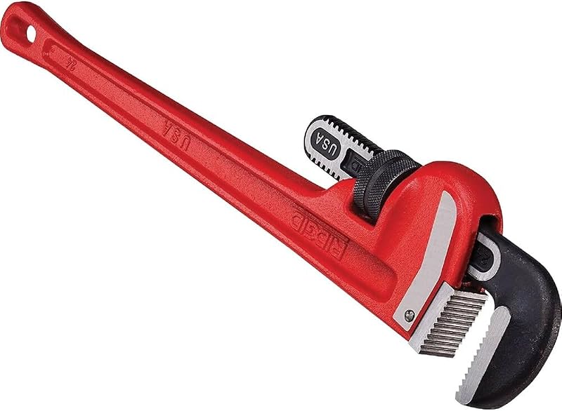 RIDGID 31030 Llave para tubos recta de alta resistencia, llave para plomería resistente de 24" con roscas autolimpiantes y mordazas de gancho, roja, pequeña