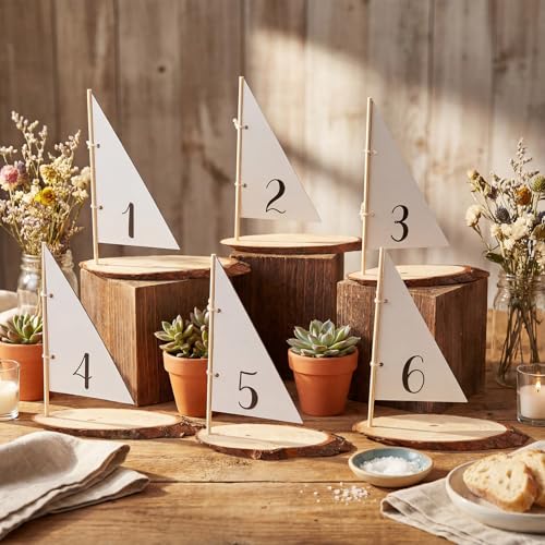 Novabright 6 Pcs Nautical Table Number Holder 1-6 Wooden Sail Boat Wedding Number Holder Beach Theme Place Card Stands for Table Weddings Parties and Coastal Home Decor