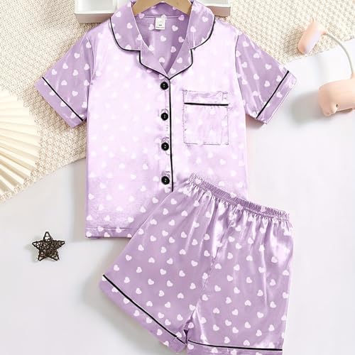 Kids Girls Silky 𝐏a𝐣amas 2 PCS Soft 𝐒lee𝐩wear Heart Print Short-Sleeve 𝐍𝐢ghtwear Cute Shorts 𝐏𝐣s 𝐋oun𝐠ewear Set2