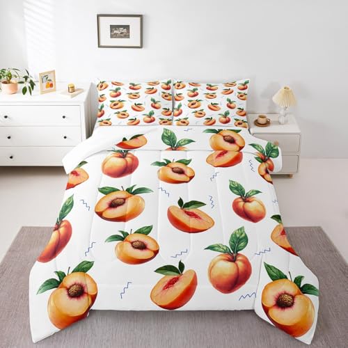 Juego de edredón amarillo melocotón, tamaño King, juego de edredón de carne dulce de frutas maduras para niños y niñas, decoración de dormitorio de niños y niñas, edredón acolchado con estampado de