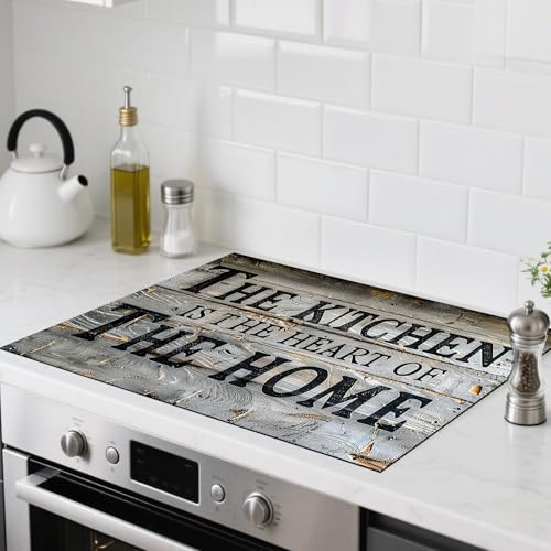 Image of Nuxovilar Stove Top Cover for Electric Stove,20x28 Inch Polyester Glass Cooktop Protector with The Kitchen is THE HEART OF THE HOME Text Design, for Kitchen Decor & Daily Use
