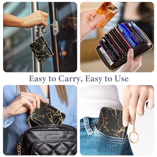 Image of Credit Card Holder RFID Wallet for Women, Small Leather Card Organizer Case with Zipper and Keychain, Black Gold Marble