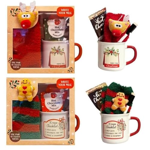 Coffret Cadeau de Noël – Mug Personnalisable + Chaussettes Douces & Peluche Festive + Préparation Chocolat Chaud – Idée Cadeau Hiver pour Femme, Homme, Ami, Famille