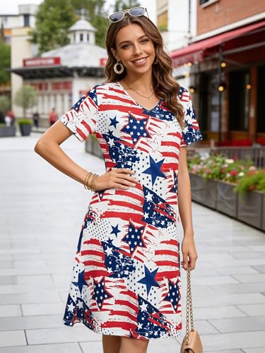 Image of MYHALF 4th of July Patriotic Dress for Women - American Flag V Neck T Shirt Dress Red White and Blue Summer Dresses