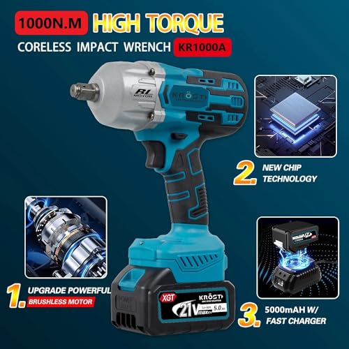 Image of Krost Pro Series 1000Nm Combo Torque Cordless Impact Wrench 1 /2 inch, Brushless Motor 21V(37V Max) Double Li-Ion Batteries(Cordless Wrench + 10Pc Impact Socket) - Fixed Square