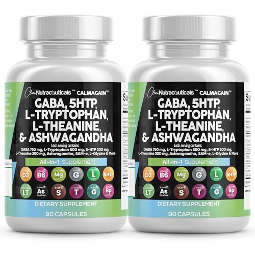 Clean Nutraceuticals GABA 750mg, 5 HTP 200mg, L Tryptophan 500mg, L Theanine 200mg, Ashwagandha, SAM-e, L-Glycine - Mood Support Vitamins for Women and Men with L-Tyrosine (90 Count (Pack of 2))