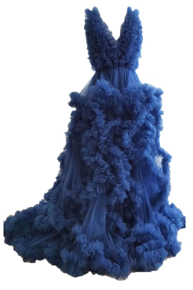 AHERKLL Puffy Tulle Robe Maternity Dress for Photoshoot Sheer Long Lingerie Baby Shower Pregancy Photography Dressing ZM013 Navy UK6