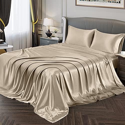 Vonty Satin Sheets King Size Silky Soft Satin Bed Sheets Taupe Satin Sheet Set, 1 Deep Pocket Fitted Sheet + 1 Flat Sheet + 2 Pillowcases