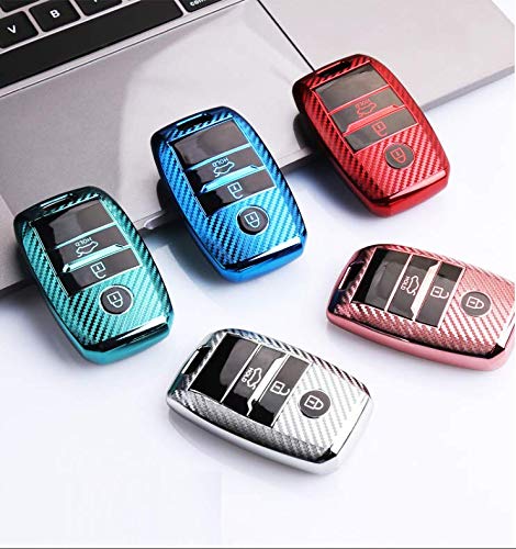 Image of JVCV Soft TPU Carbon Fiber Style Car Key Cover Compatible with Kia Seltos Sonet Carens 3 Button Push Start Car Key (Silver)