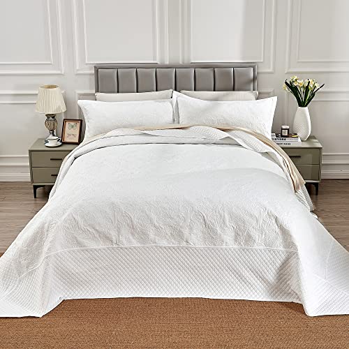 Image of ENJOHOS Oversized King Bedspreads 128x120, California King Quilt Sets, Extra Wide Large King Size Quilts for Bed, Lightweight Reversible Microfiber 3Pieces Cal King White Coverlet | california king bedspread white , Lightweight Reversible comforter set 3Pieces Cal King Oversized Coverlet