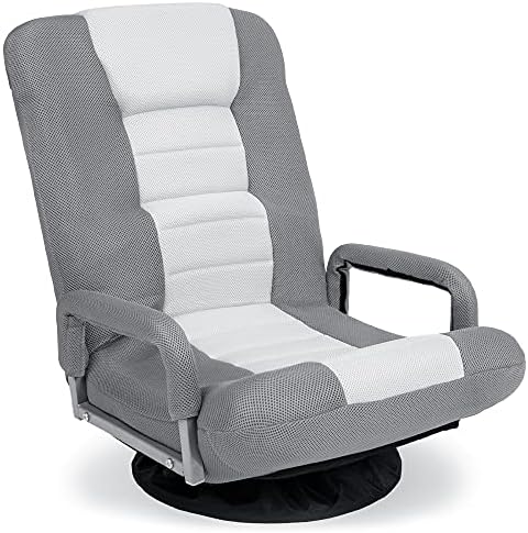 Best Choice Products Swivel Gaming Chair 360 Degree Multipurpose Floor Chair Rocker for TV, Reading, Playing Video Games w/Lumbar Support, Armrest Handles, Adjustable Foldable Backrest - Gray/White