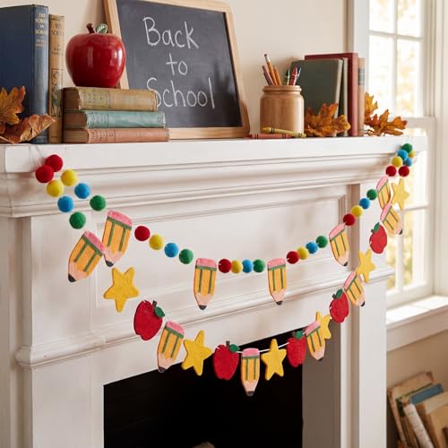 Image of Tatuo 3 Pcs 17.72 ft Back to School Felt Pom Banner Pencil Apple Hanging Banner Welcome Classroom Garland for First Day of School Decoration