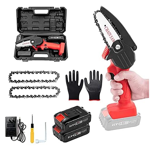 Mini Chainsaw, VIELIN 4-Inch Cordless Electric Chainsaw Portable Handheld Saw with 2Pcs Rechargeable Battery and 2Pcs Chain, for Farming Tree Limbs, Garden Pruning, Bonsai Trunk, and Firewood - Red