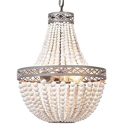 Lampara Para Comedor Antigua FIRVRE Lámpara de Techo de Cuentas de madera Natural Iluminación de techo E27 Bohemian Boho Loft French Countryside interior candelabro Plafón antigua para Cocina Isla Comedor (Mini Blanco)