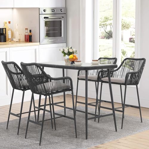 JOIVI-5-Piece-Patio-Bar-Dining-Set-Bar-Height-Outdoor-Table-and-Chairs-Set-with-4-Bar-Stools-Cushions-41-Table-for-Patio-Poolside-Backyard-Bar-Table-Set-Tempered-Glass-Tabletop-Black JOIVI 5 Piece Patio Bar Dining Set Bar Height Outdoor Table and Chairs Set with 4 Bar Stools Cushions 41 Table for Patio Poolside Backyard Bar Table Set Tempered Glass Tabletop Black