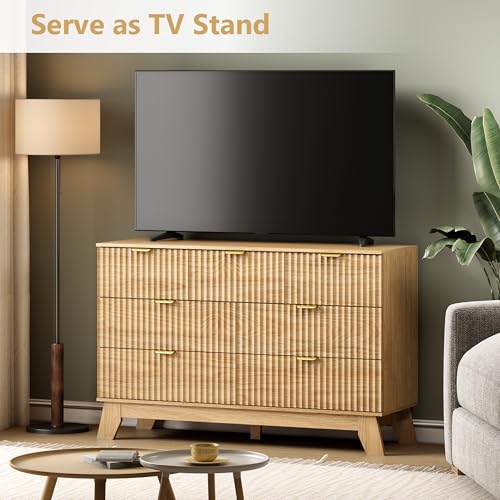 Image of Wodeer 7 Drawer Fluted Dresser for Bedroom, Mid Century Modern Wooden Dresser with 7 Drawers, Dressers & Chests of Drawers with Metal Handle, TV Stand & Storage Organizer for Entryway, Hallway, Oak