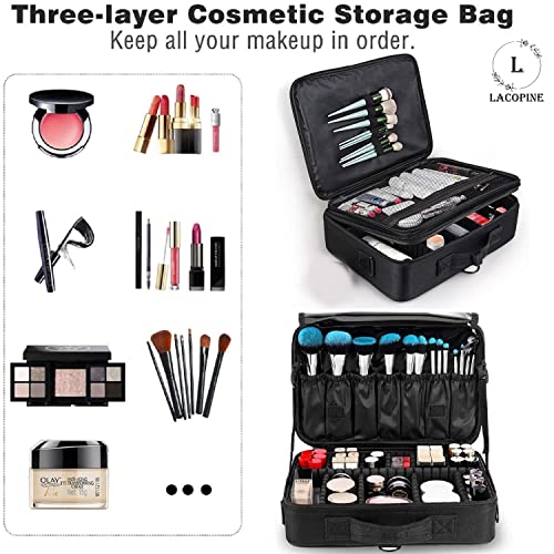 LACOPINE-Travel-Professional-Makeup-Case-Organizer-Bag-for-Women-Portable-Artist-Storage-Makeup-Brush-Bag-with-Adjustable-Dividers-Black-16-INCH-2-Layer