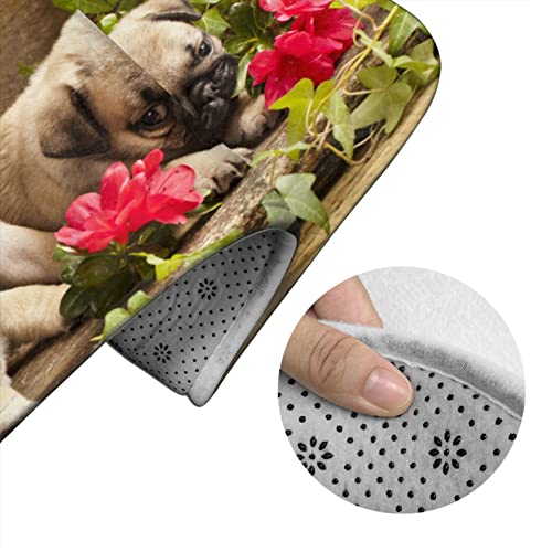 DIRYKILP Badematte + Konturmatte + Toilettendeckelbezug, Mops Welpen Blumen Retro 3 Stück Badematte Set, mit Anti-Rutsch-Klebeboden – Bild 6