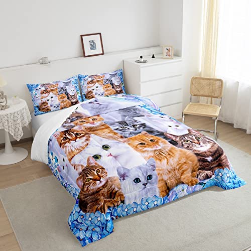Feelyou Kids Cute Cat Comforter Cartoon Pet Cats Bedding Set For Children Boys Girls Cute Kitten Print Comforter Set Cat Lover's Animal Themed Design Quilt Set Bedroom Collection 2Pcs Twin Size #TOP3
