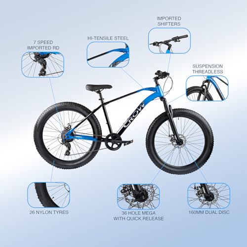 Image of CROW - Black Ninja Fat 7 Gear Cycle for Boys |Bicycle for Men Adult| Cycle for Adults /Men| MTB with Front Suspension & Dual disc Brakes | Unisex 26 inch INCH MTB