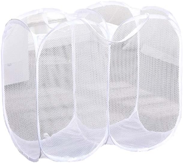 Divider Laundry Hamper,Double Laundry Basket Breathable Mesh Laundry Storage Foldable For Larundry Room/Bathroom/Living Room/Travel/Kids Room 27.5 * 22.8 * 13.7inch - white