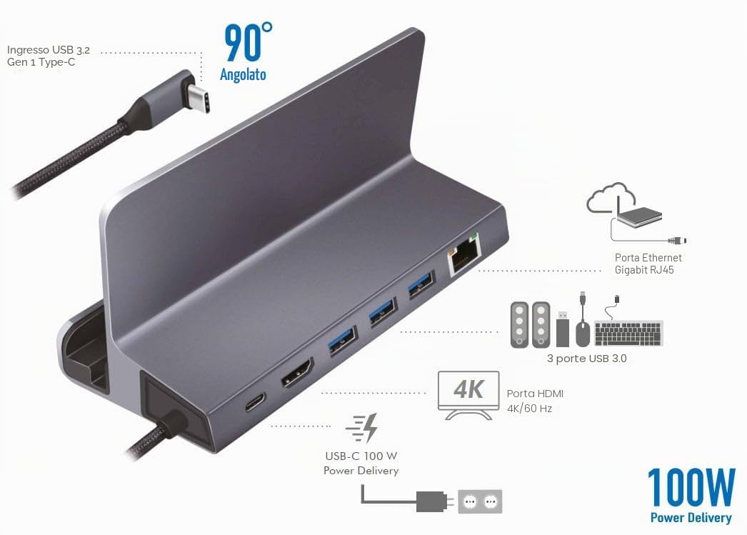 Docking station USB 3.2 Gen1 a 6 porte con USB PD (PowerDelivery 100W) in alluminio, supporto per tablet, smartphone e controller