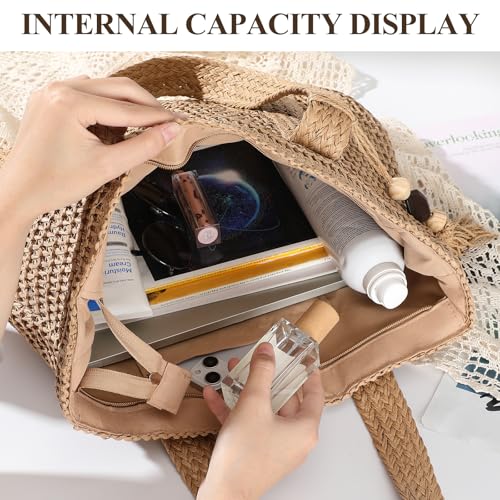 Image of Beach Bags for Women - Straw Bag with Zipper, Soft Woven beach bag, Casual Straw Shoulder Bag for Daily Use