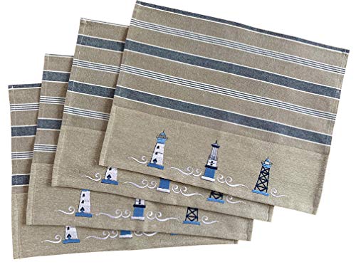 Nautical Placemats – Set of 4 –– Cotton Decorative Embroidered Design - Natural, Navy Blue and White (Lighthouse)