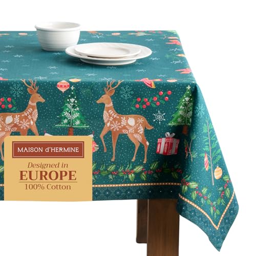Maison d' Hermine Table Cloth Rectangle Table 100% Cotton 60 x 120 Inches Tablecloth Reusable Decorative Everyday Use for Dining Room, Farmhouse, Home, Party, Festive & Wedding - Hygge Christmas