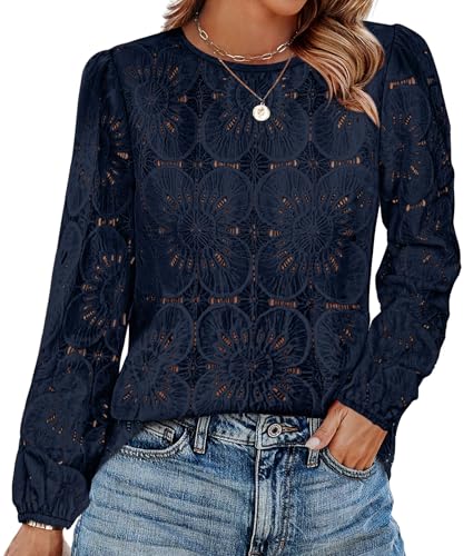 Image of OFEEFAN Blouses for Women Dressy Casual Spring Tops 2026 Summer Outfits Flower Lace Crochet Long Sleeve Shirts