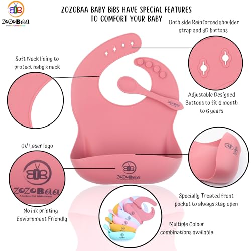 Image of Silicone Baby Bib with Spoon and Fork Set | Waterproof Adjustable Bib & First Stage Feeding Utensils for Infants & Toddlers | Soft Silicone Spoon for Baby 6 Months+,1 Set, Dark Red