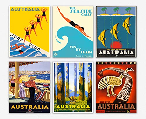 Wallbuddy Set of Travel Posters 6 Australian Vintage Travel Posters Travel Prints Travel Wall Art Set of Prints Australian Travel Poster Travel Art (28cm x 36cm)