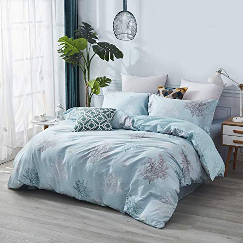 Brandream Coastal Beach Bedding Set Queen Size 100% Cotton Duvet Cover Set Tropical Coral Seashells Bedroom Set 3-Piece (No Comforter) #TOP3
