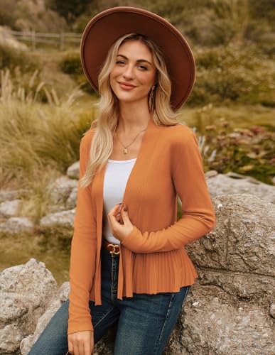 Image of GRACE KARIN Women's Lightweight Peplum Cardigan Sweaters Open Front Cropped Cardigan Long Sleeve Trendy Summer Knit Tops Light Brown M