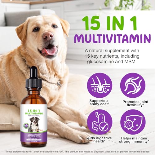 15 in 1 Multivitamintropfen für Hunde, 60 ml tägliche Vitamine für Hunde, hilft bei Hüfte und Gelenken, Immunsystem, Haut, Fell und Darmgesundheit