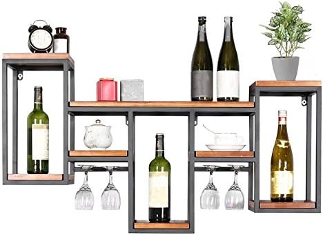 Wall Mounted Industrial Retro Metal Wood Shelves Multi Function Rustic Wine Bottle Shelf with Glass Holder Storage Organizer Hanging Shelf