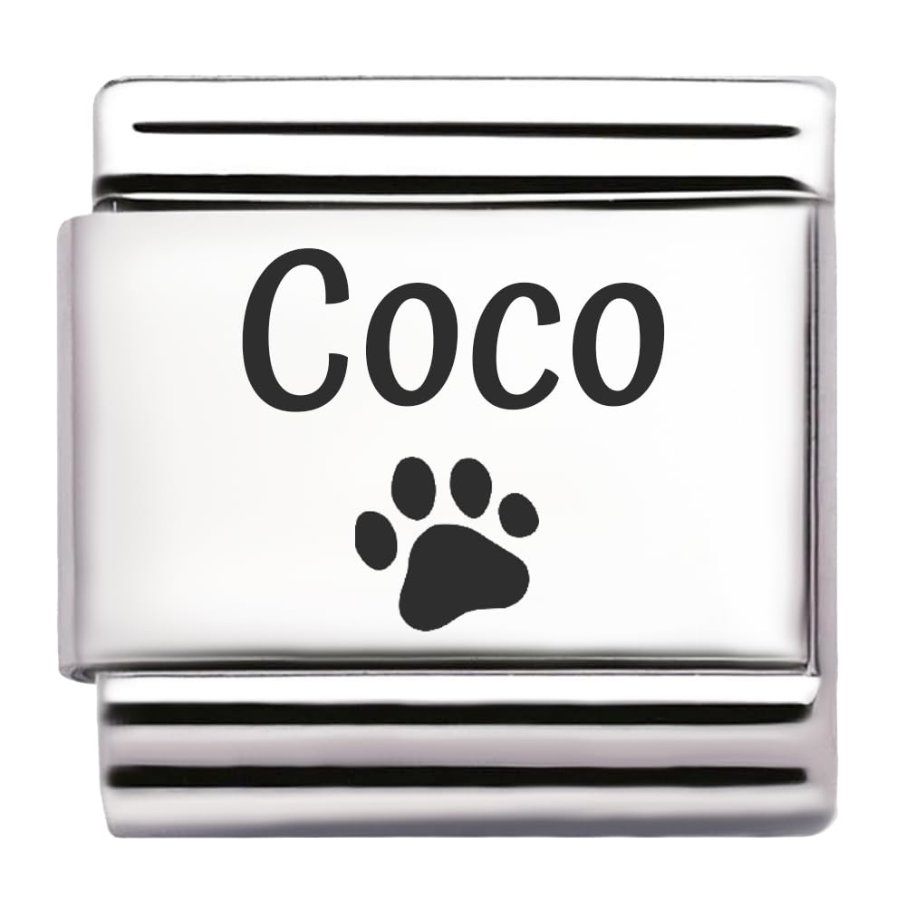 Pet Paw Name Personalised Custom Engraved Italian Charm Fits All 9mm Bracelet Links. Dog or Cat (Coco)