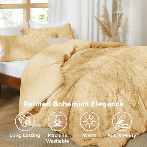 Bedsure Tufted Boho Comforter Set King Size - Yellow Boho Bed Set, GentleSoft™ 3 Pieces Farmhouse Shabby Chic Embroidery Bedding, Gifts for Woman, Soft Jacquard King Comforter for All Seasons