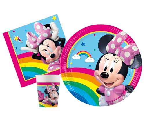 Kit Vajilla de Fiesta Disney Minnie Rainbow para 8 personas (36 pcs: 8 platos Ø23cm, 8 vasos 200ml, 20 servilletas 33x33cm) de papel FSC compostable eco-friendly